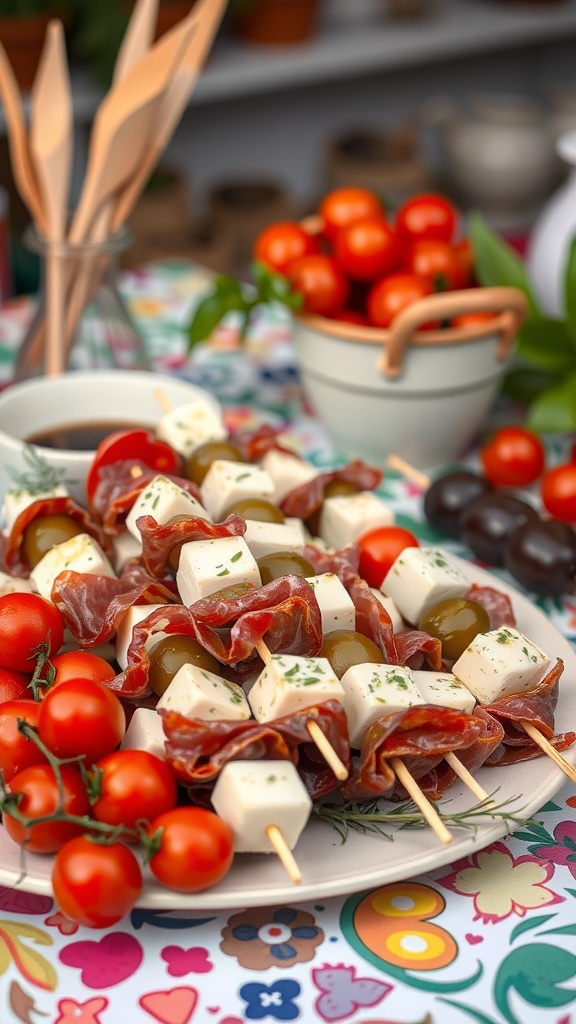 A colorful platter of antipasto skewers with salami, olives, and cherry tomatoes, surrounded by fresh ingredients.
