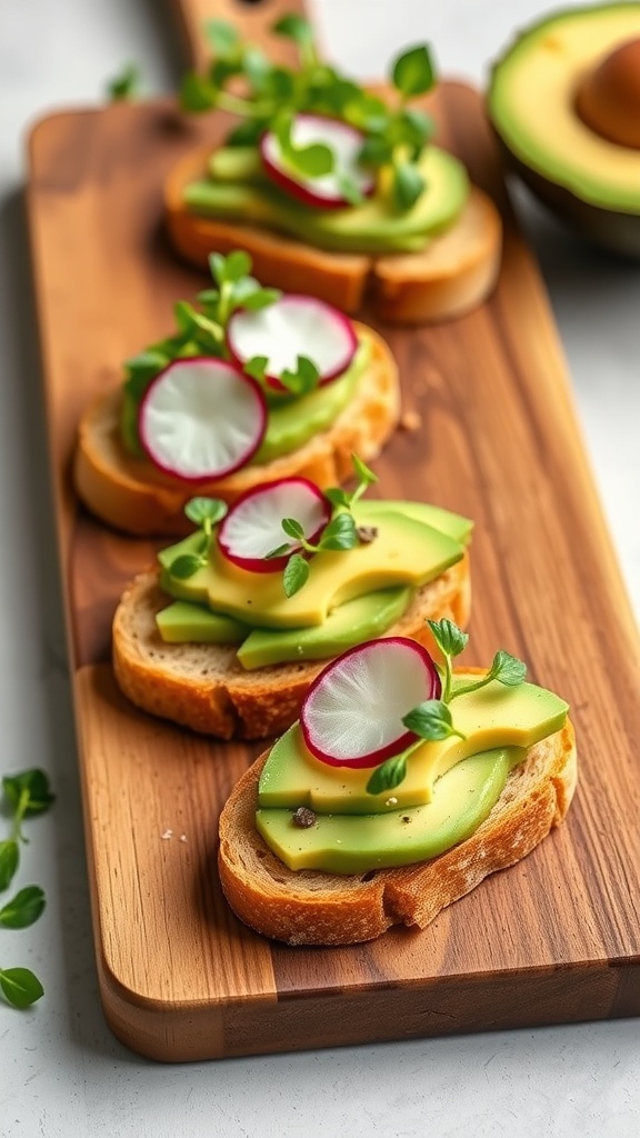 Avocado toast bites on a wooden board with toppings