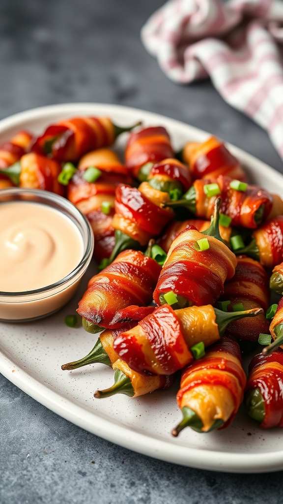 A platter of bacon-wrapped jalapeño poppers with a dipping sauce