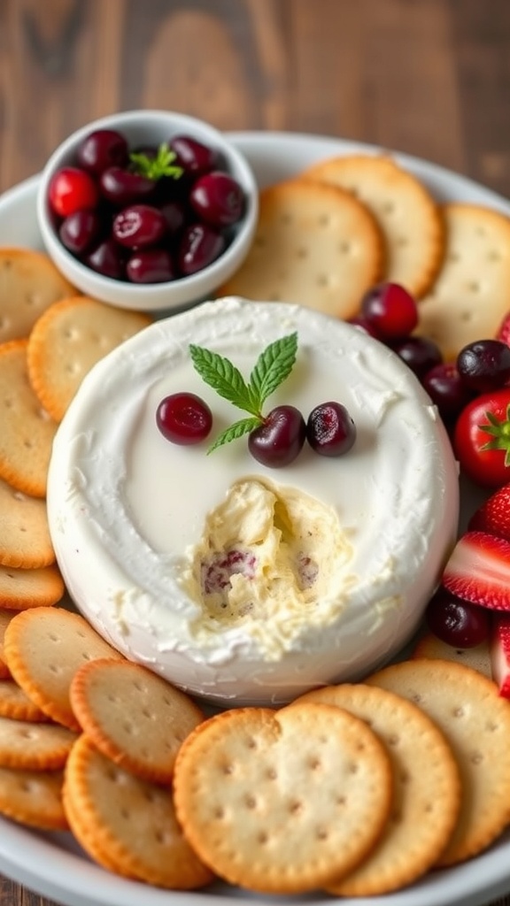 A plate of baked Brie with cranberries, surrounded by crackers and fresh fruit.