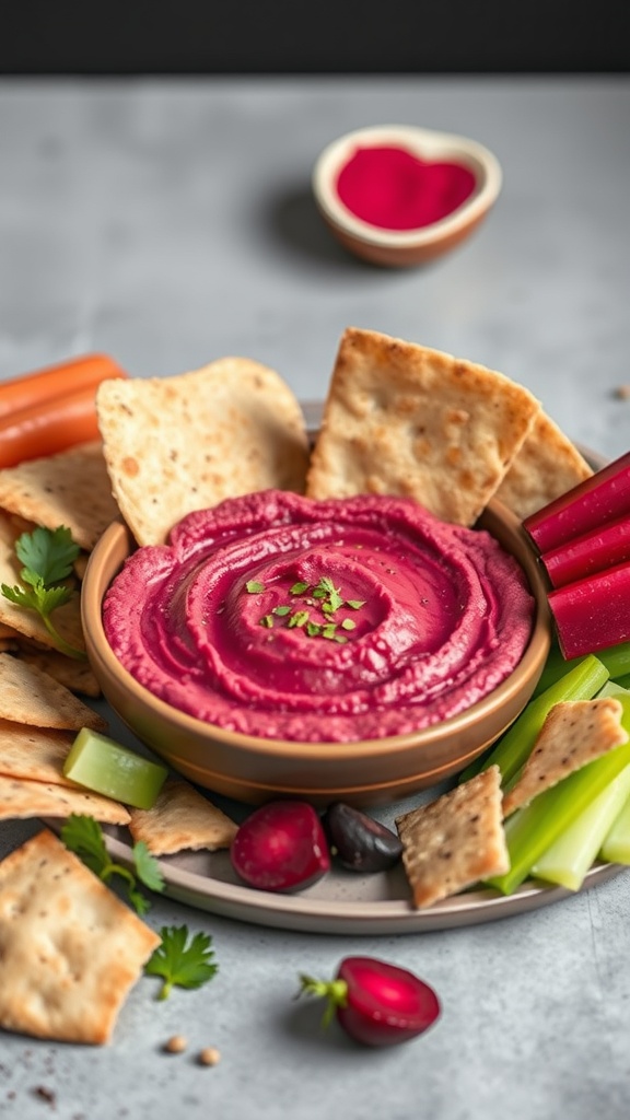 A bowl of bright pink beet hummus surrounded by pita chips and fresh vegetables.