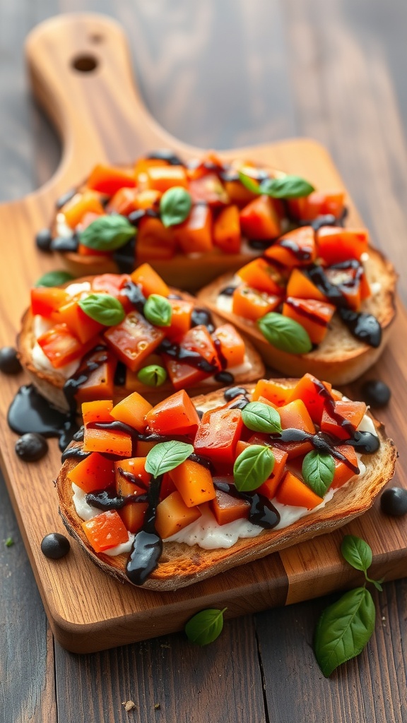 A wooden board with slices of bruschetta topped with diced tomatoes, basil, and balsamic glaze.