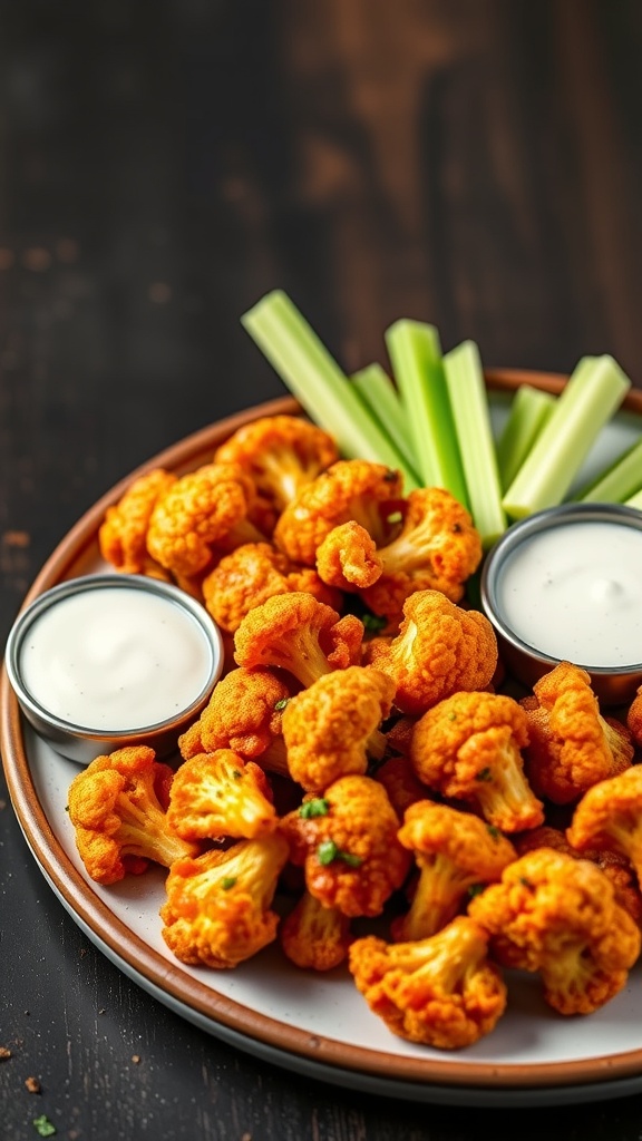 A plate of crispy buffalo cauliflower bites with celery sticks and dipping sauce.