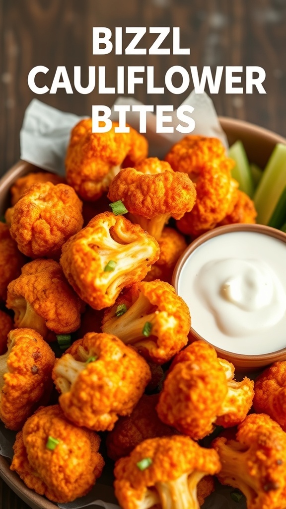 A bowl of crispy buffalo cauliflower bites with a side of dipping sauce