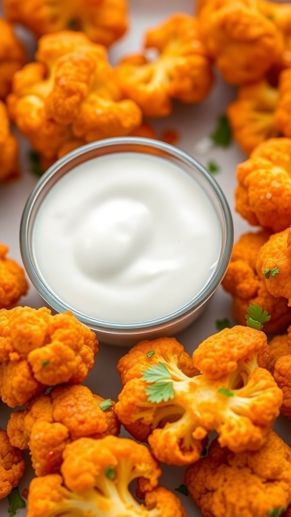 Buffalo cauliflower bites with a creamy dip