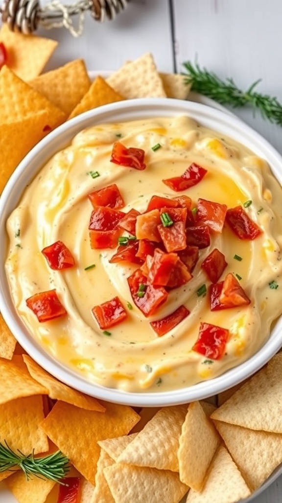 A bowl of cheesy bacon ranch dip topped with diced tomatoes, surrounded by tortilla chips.