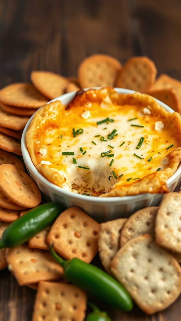 A creamy jalapeño popper dip in a white dish surrounded by assorted crackers and fresh jalapeños.
