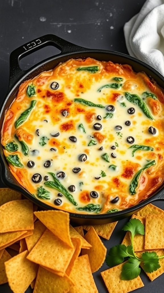 Cheesy Spinach Artichoke Dip in a skillet with tortilla chips