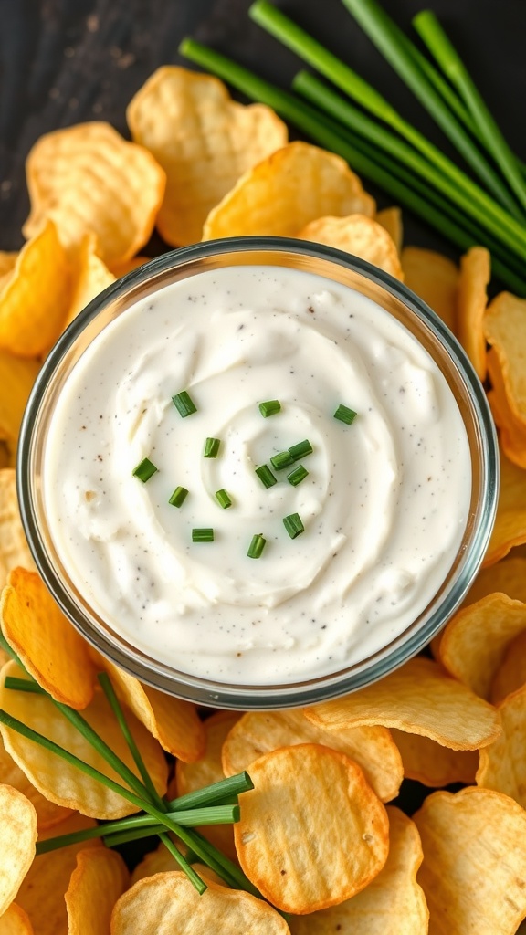 A bowl of creamy French onion dip topped with chives, surrounded by potato chips.