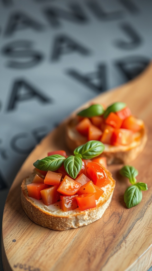 Slices of toasted bread topped with diced tomatoes and fresh basil on a wooden platter.