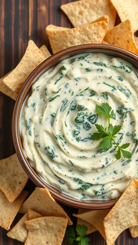 Creamy spinach artichoke dip in a bowl surrounded by tortilla chips