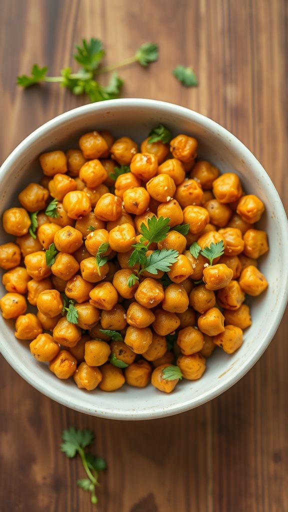 A bowl of crispy chickpeas garnished with cilantro on a wooden table.