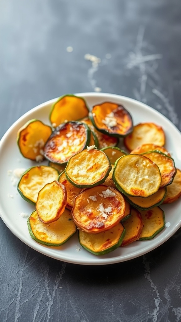 A plate of crispy Parmesan zucchini chips, golden brown and garnished.