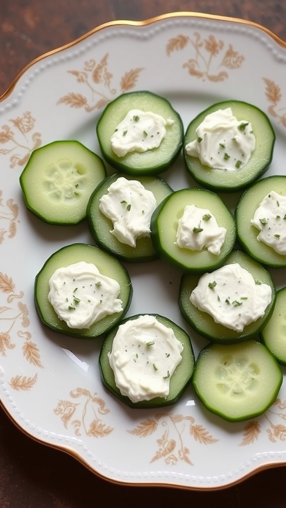 Cucumber rounds topped with herb cream cheese on a decorative plate.