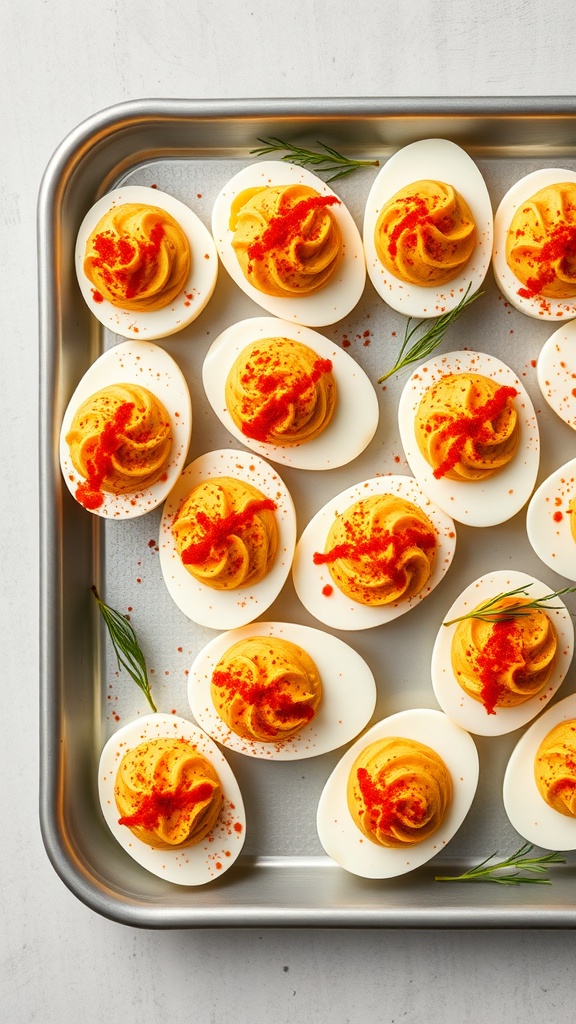 A tray of deviled eggs topped with paprika and herbs, beautifully piped and arranged.