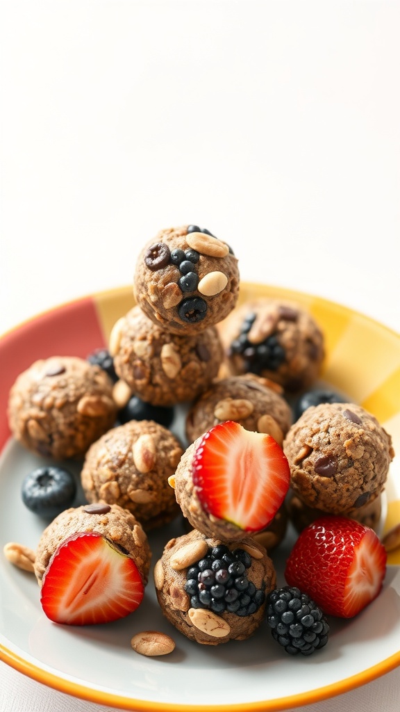A colorful plate of fruit and nut energy bites with fresh berries and sliced strawberries.