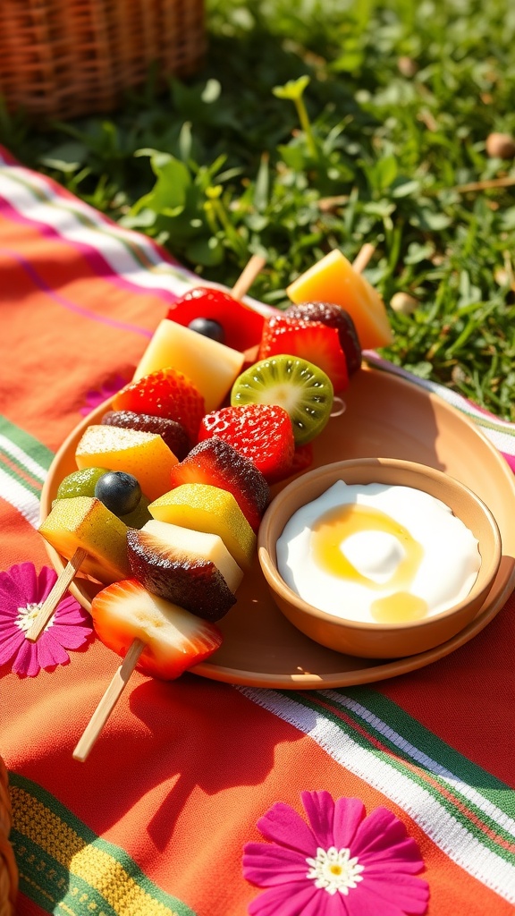 Colorful fruit skewers with a honey yogurt dip on a picnic blanket