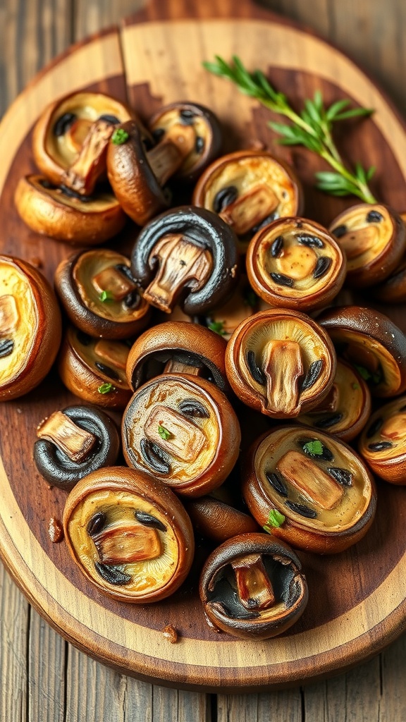 A platter of garlic butter mushroom bites, golden brown and garnished with herbs.