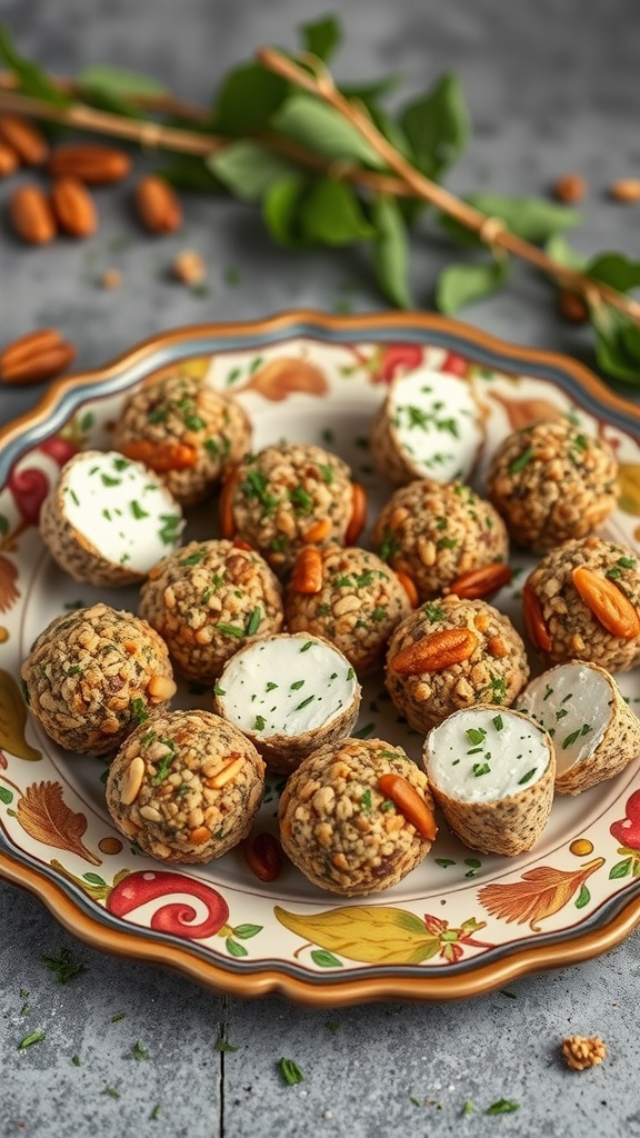A platter of herbed goat cheese bites, coated with nuts and garnished with herbs.