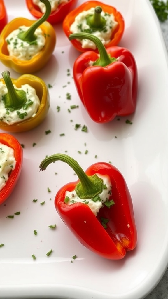 Colorful mini bell peppers stuffed with herbed goat cheese on a white platter.