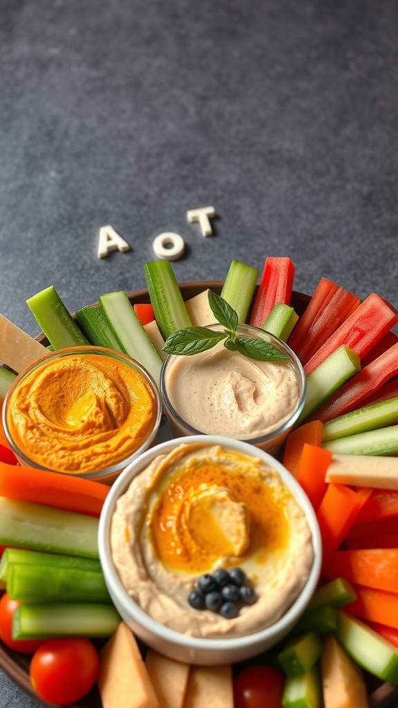 A colorful platter featuring three types of hummus and an assortment of fresh vegetables.