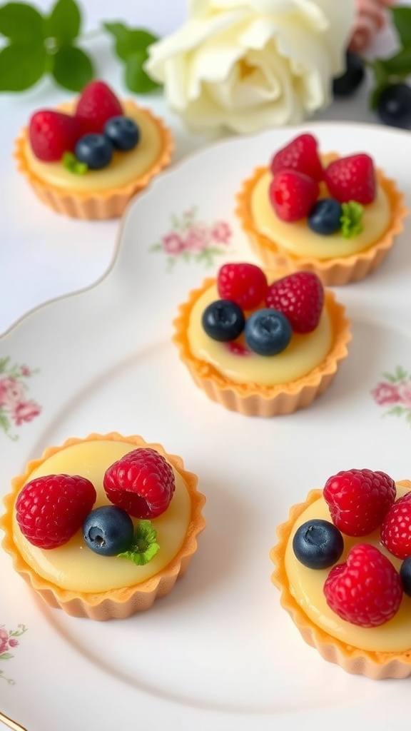Lemon tartlets topped with fresh raspberries and blueberries on a floral plate.