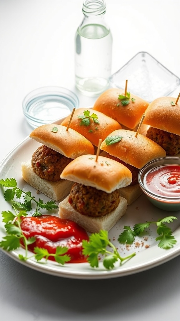 A plate of meatball sliders with ketchup and fresh herbs