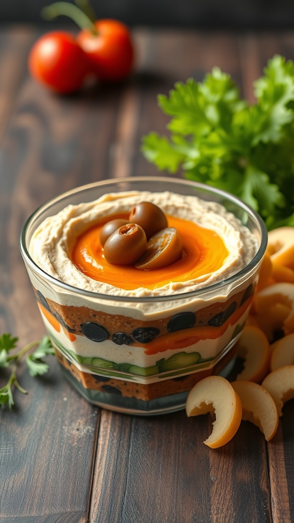A Mediterranean layered dip in a glass bowl with layers of hummus, cucumbers, tomatoes, bell peppers, and olives, garnished with parsley.