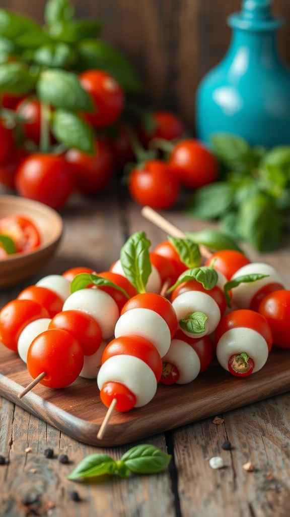 A wooden platter with mini Caprese skewers featuring cherry tomatoes, mozzarella balls, and fresh basil, surrounded by fresh tomatoes and basil leaves.