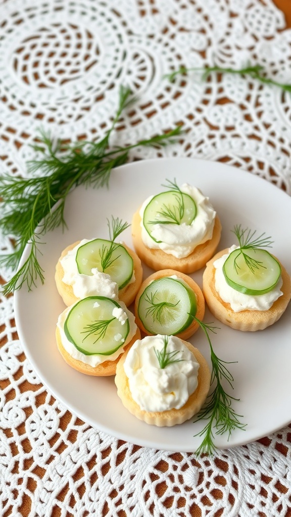Mini cucumber sandwiches with cream cheese on a plate, garnished with dill.