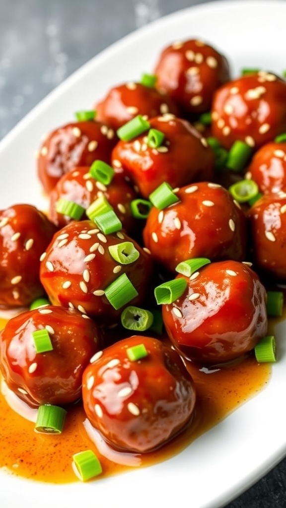 A plate of mini meatballs glazed with sweet chili sauce and garnished with green onions.
