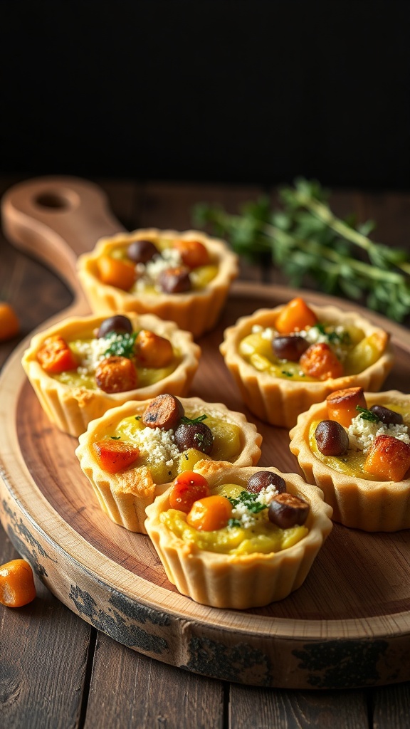 A platter of mini quiches filled with seasonal vegetables, arranged on a wooden board.