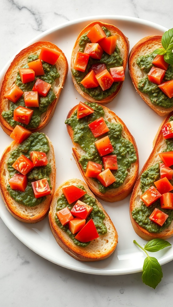 Pesto and Tomato Bruschetta on a white plate, featuring toasted bread topped with green pesto and diced tomatoes.