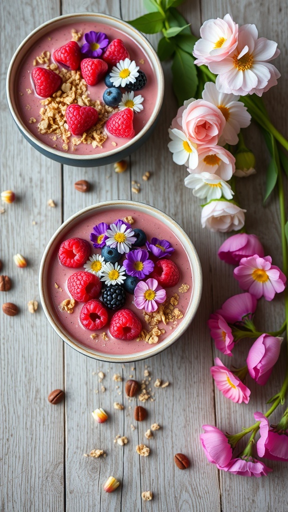 Two pink berry smoothie bowls topped with raspberries, blueberries, granola, and edible flowers, surrounded by pink flowers.