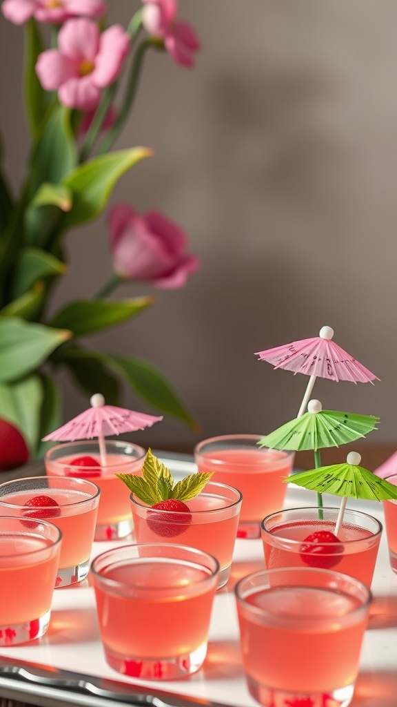 Pink Champagne Jello Shots with decorative umbrellas and fresh flowers