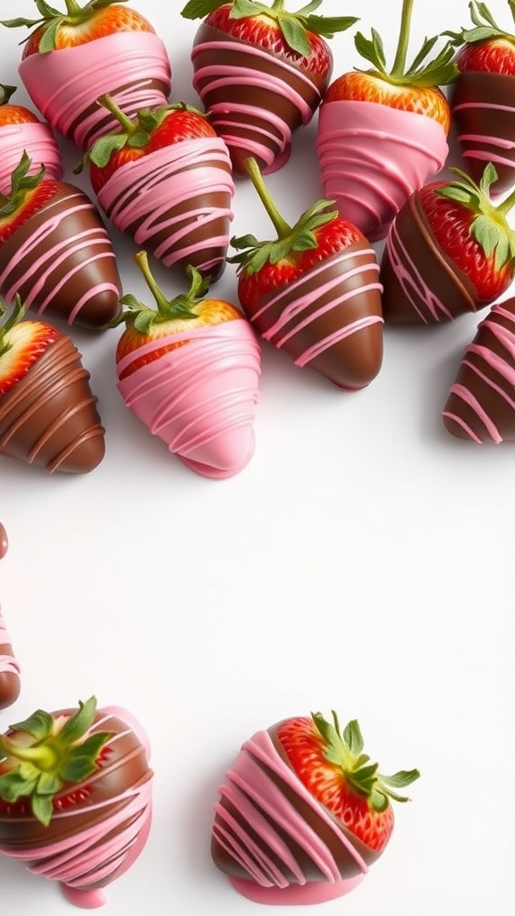 A selection of pink chocolate-covered strawberries, some drizzled with dark chocolate.