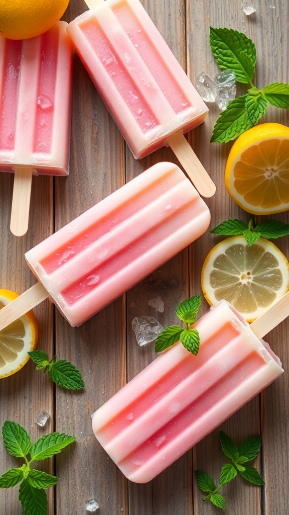 Pink lemonade popsicles on a wooden table with mint leaves and lemon slices