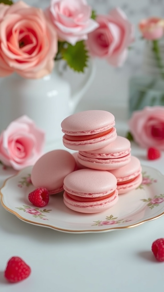 A plate of pink macarons with raspberry filling, surrounded by fresh roses and raspberries.