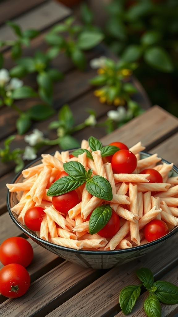 A bowl of pink pasta salad with cherry tomatoes and basil on a wooden table.