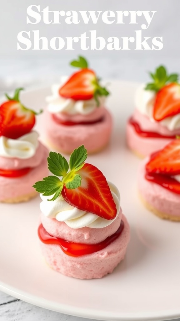 Delicious pink strawberry shortcake bites topped with whipped cream and fresh strawberries