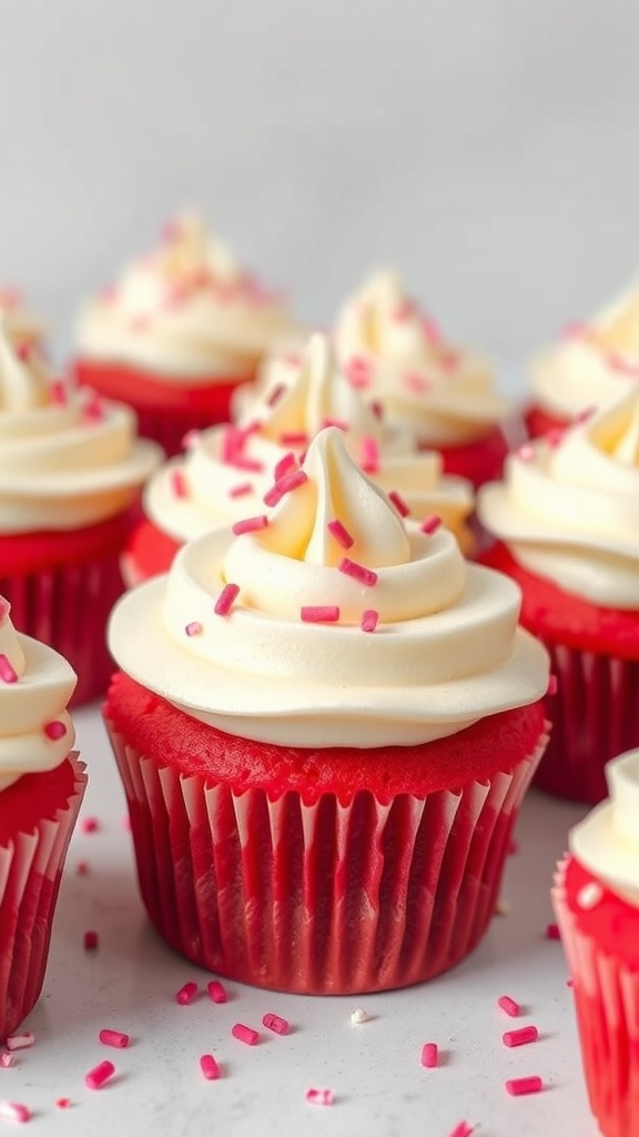 Pink velvet cupcakes with cream cheese frosting and sprinkles