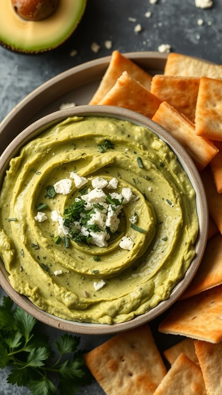 A creamy avocado and feta dip served in a bowl with pita chips on the side.