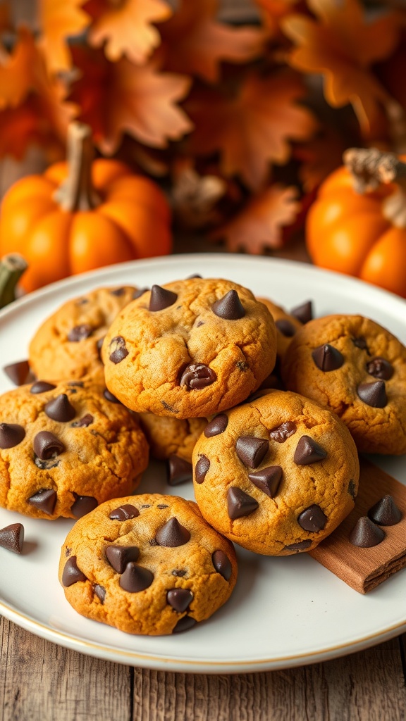 A plate of classic pumpkin chocolate chip cookies with chocolate chips on top, surrounded by pumpkins and autumn leaves.