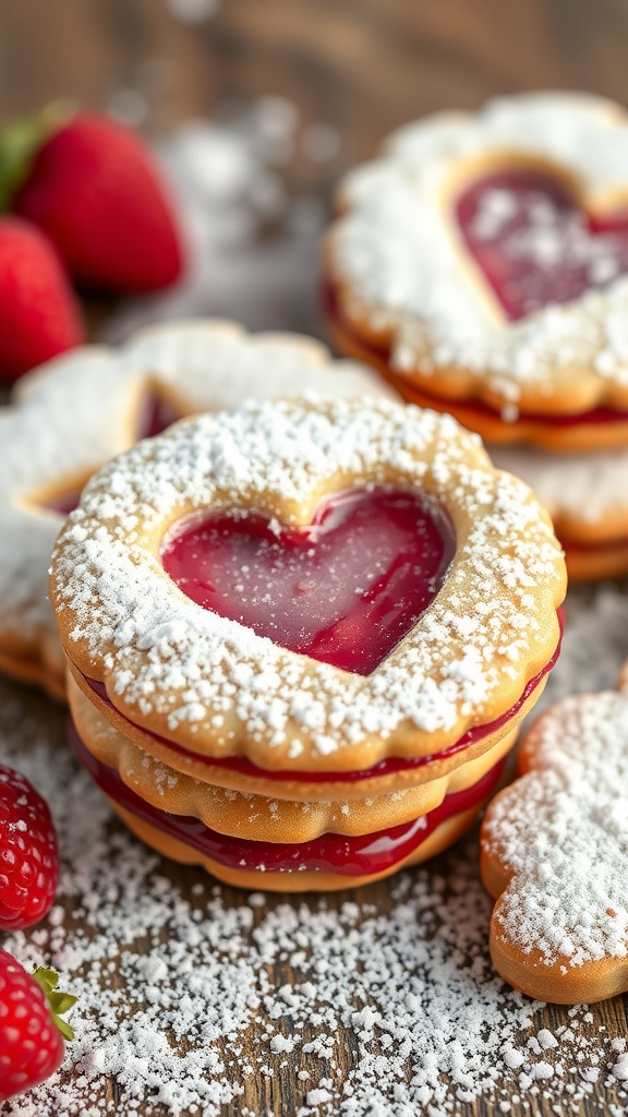 A close-up of raspberry linzer cookies, showcasing their heart shape and jam filling, surrounded by fresh raspberries.