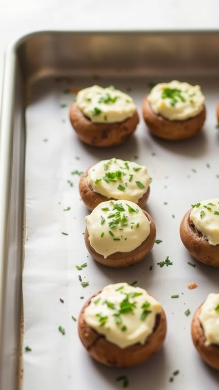 Baking tray with stuffed mushrooms topped with cream cheese and chives