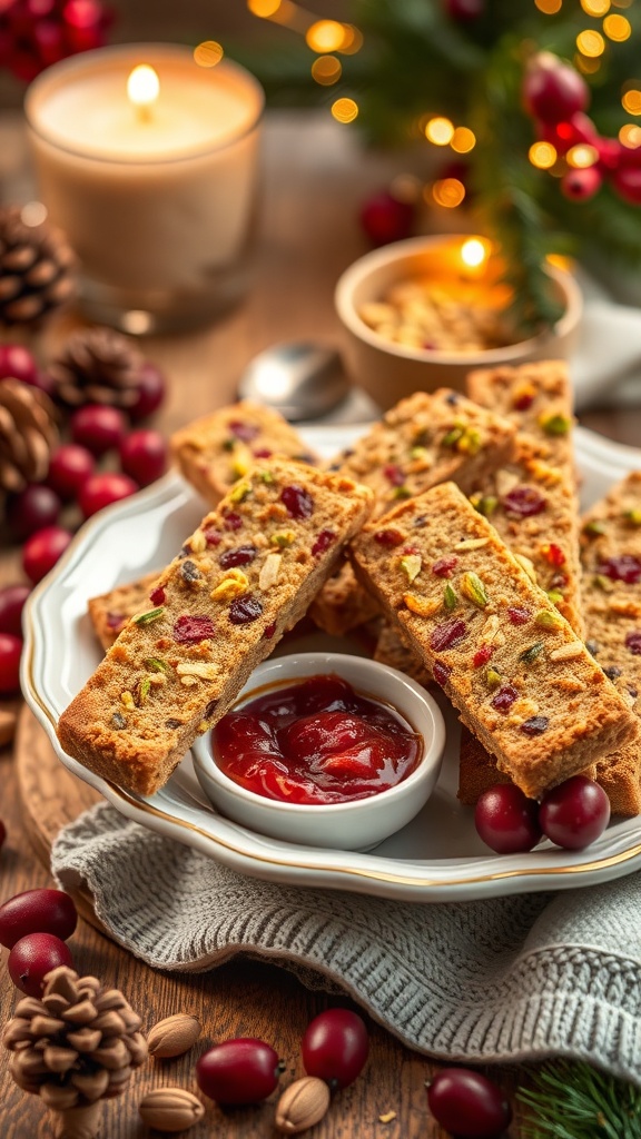 A plate of pistachio and cranberry biscotti with a bowl of fruit preserves, surrounded by holiday decorations.