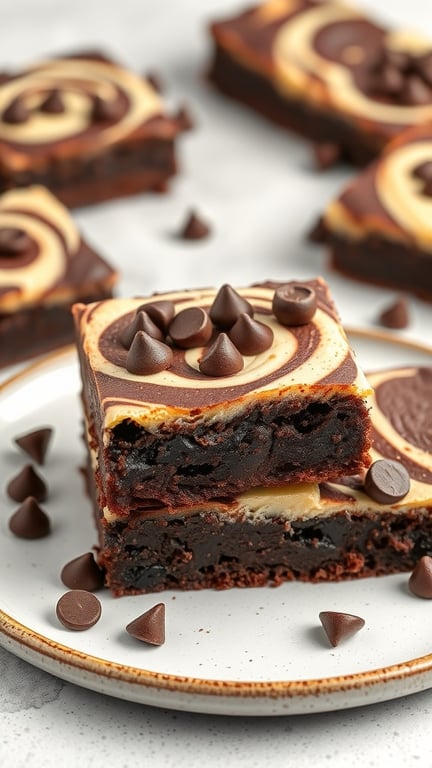 A plate of cheesecake brownies topped with chocolate chips and a swirl of cheesecake.