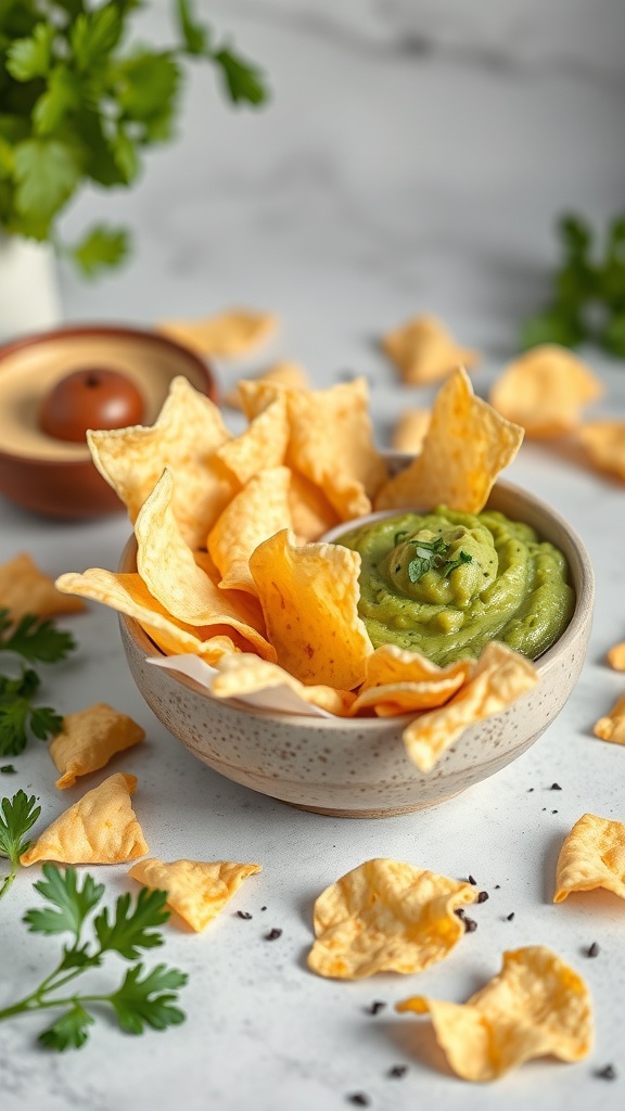 A bowl of cheese crisps with a creamy dip, garnished with fresh herbs.