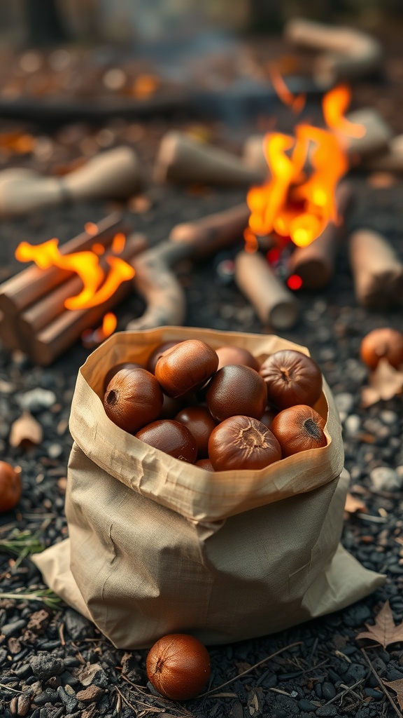 A bag of roasted chestnuts near a campfire