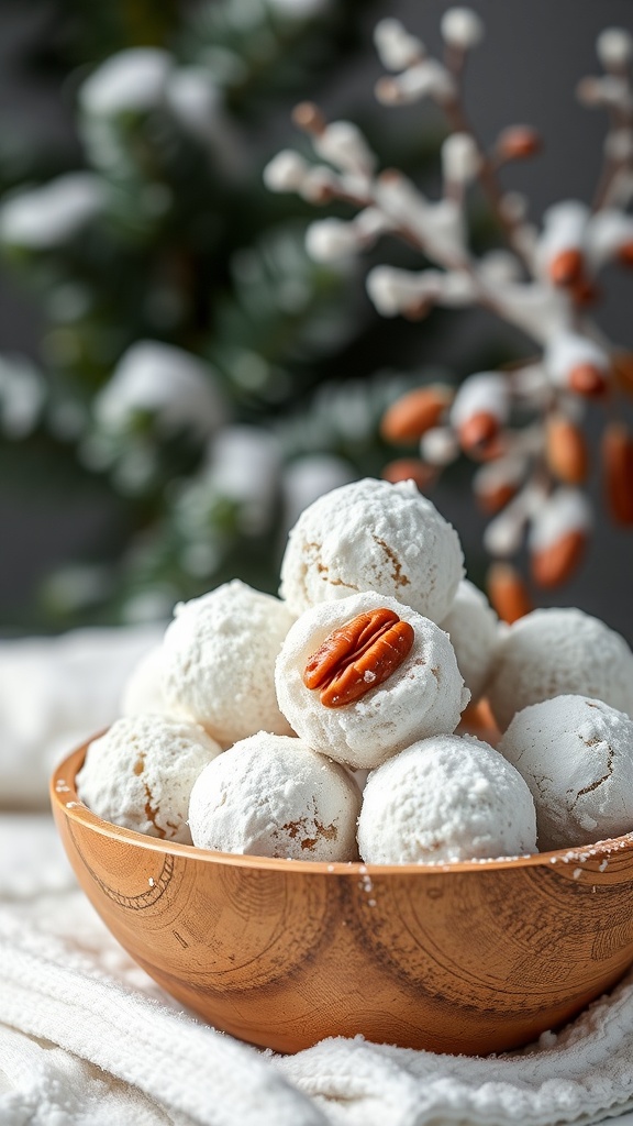 A bowl of Nutty Pecan Snowballs topped with pecans, surrounded by festive decorations.